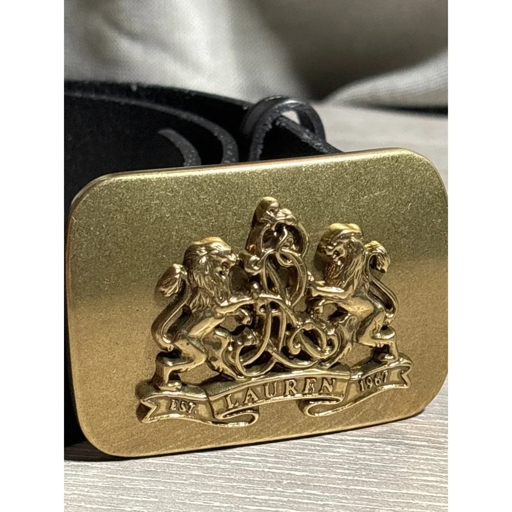 Lauren Ralph Lauren Black Leather Belt Gold Lion Crest Trophy Buckle Designer